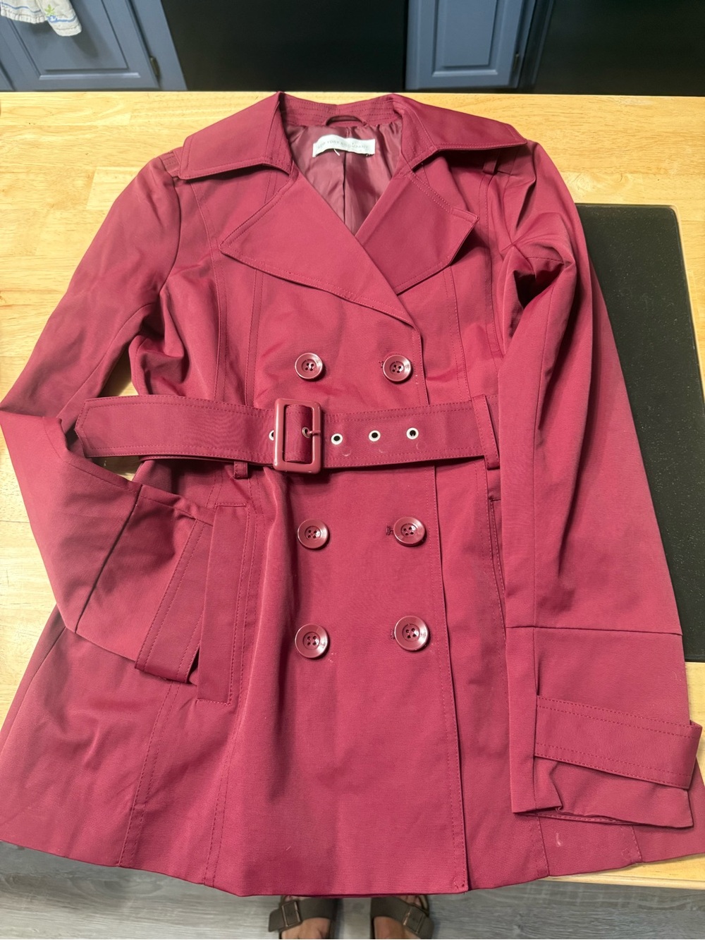 New York & Company Women's Double-Breasted Belted Trench Coat - Wine